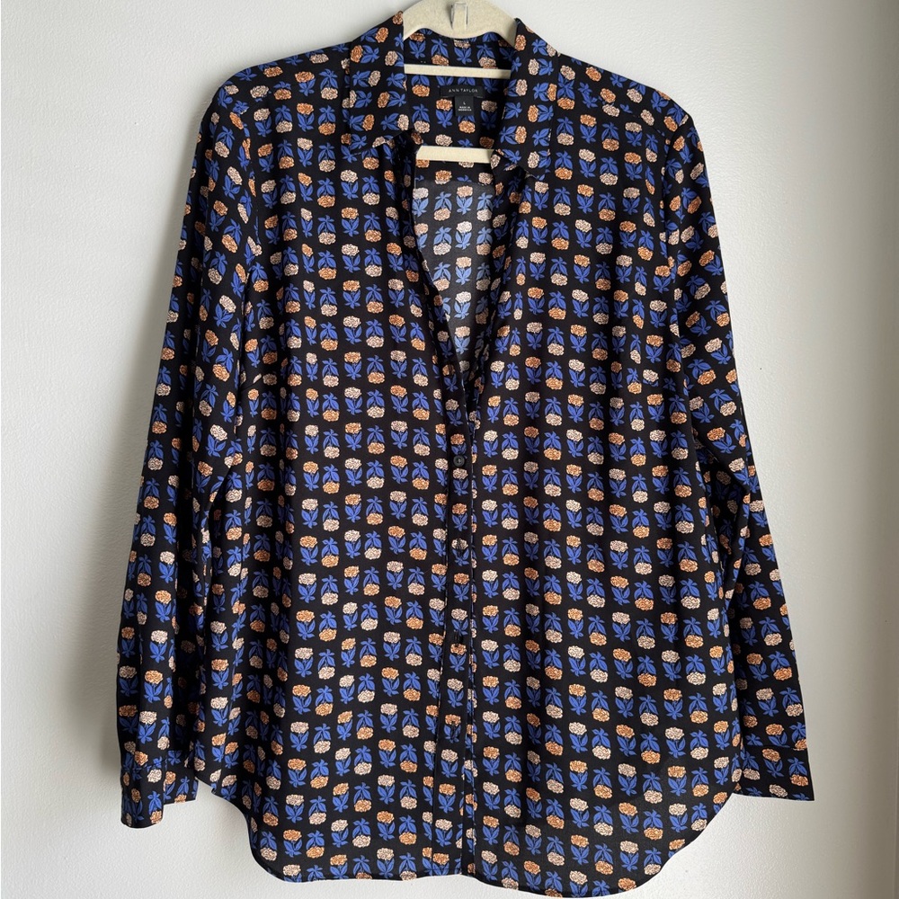 Ann Taylor Women's Blouse - Black, Blue, and Orange Pattern
